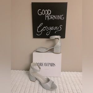 BLOCK HEAL SILVER GLITTER SHOES WITH ANKLE STRAP